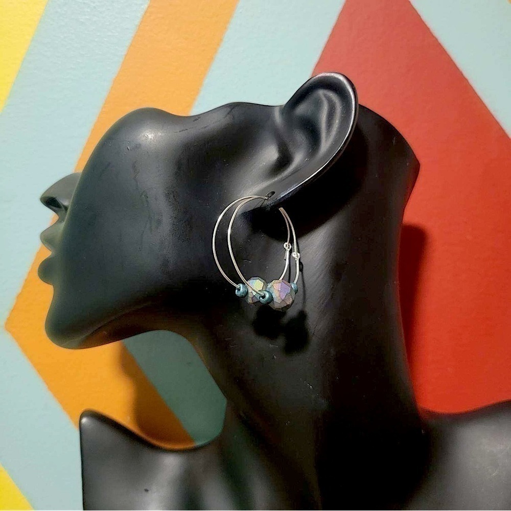 New Handmade Iridescent Glass Beads On Silver Colored Hoop Earrings Gift Boxed